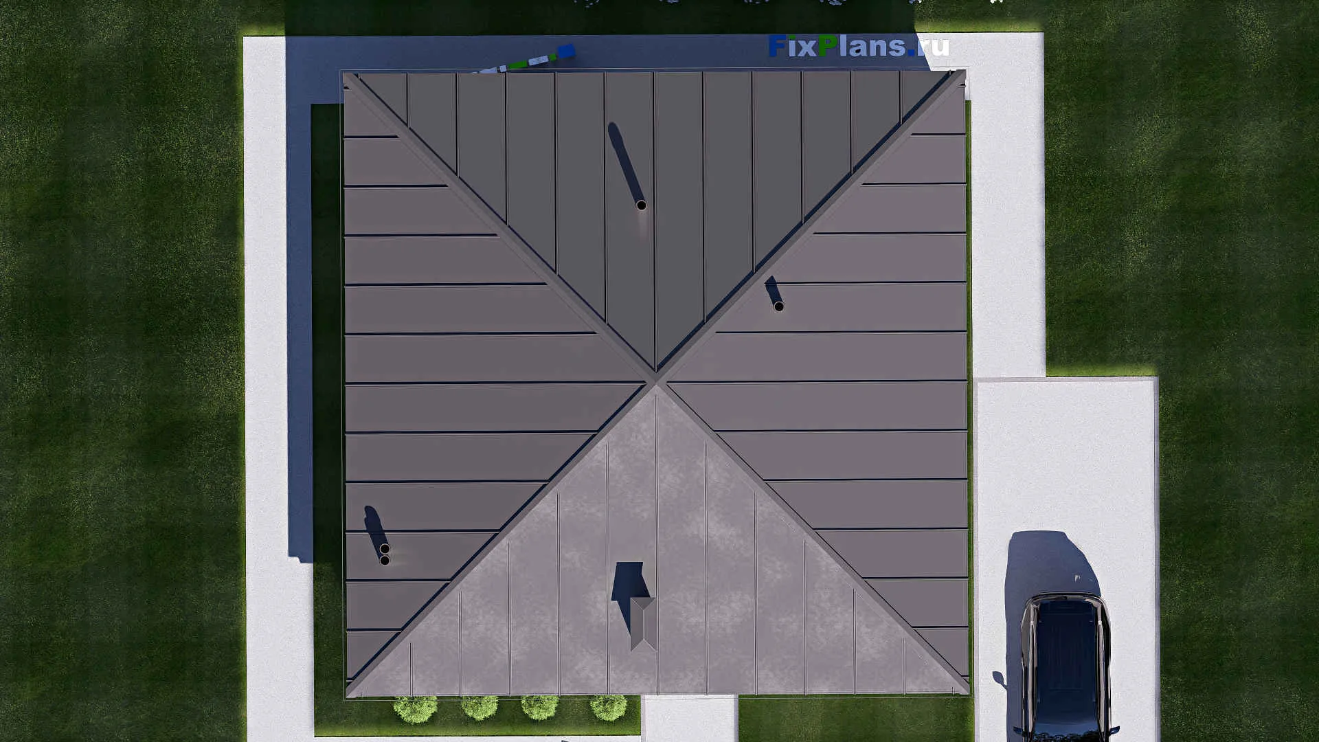 F-20267 - Проект одноэтажного дома 13 на 13, площадью 130 м² с террасой и 3 спальнями