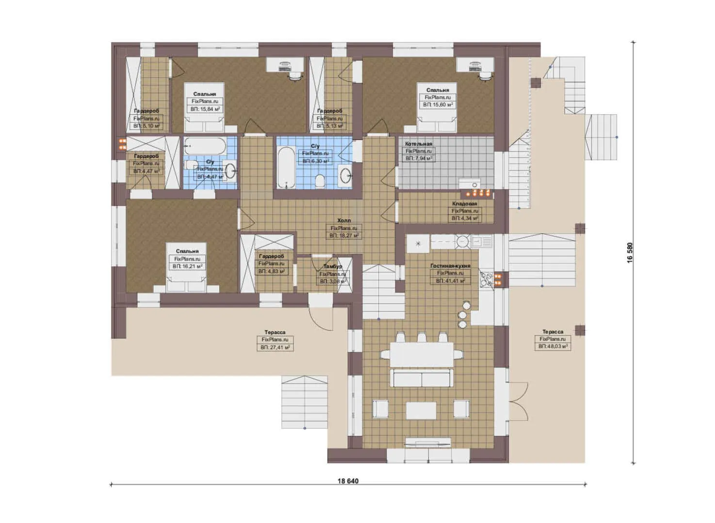 F-15767 - План одноэтажного дома 17 на 19, площадью 230 м² с террасой и 3 спальнями